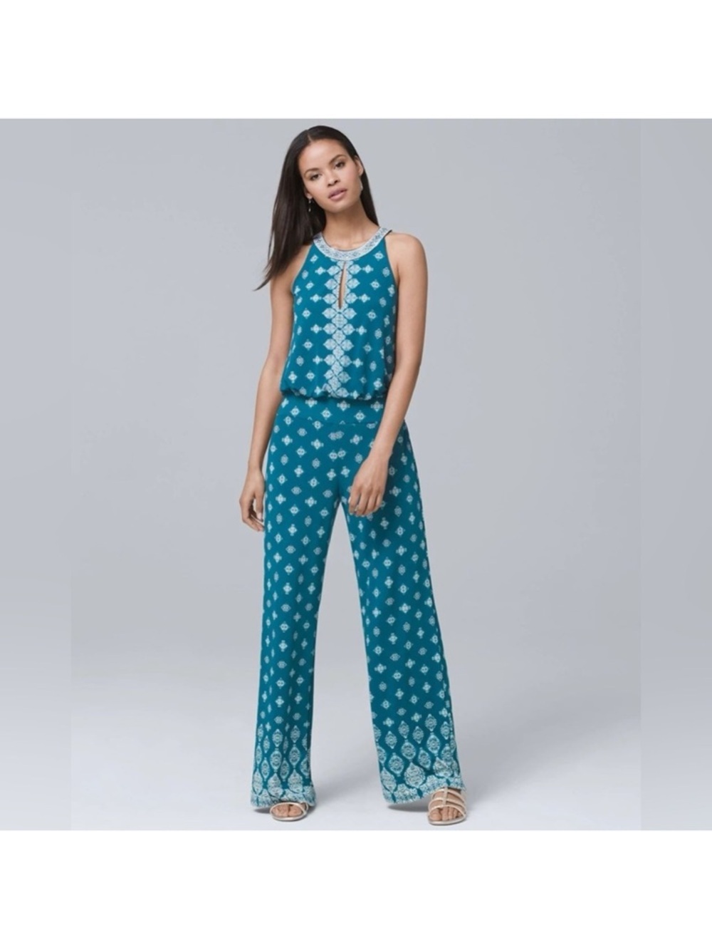 White House Black Market Teal Printed Halter Jumpsuit XS
